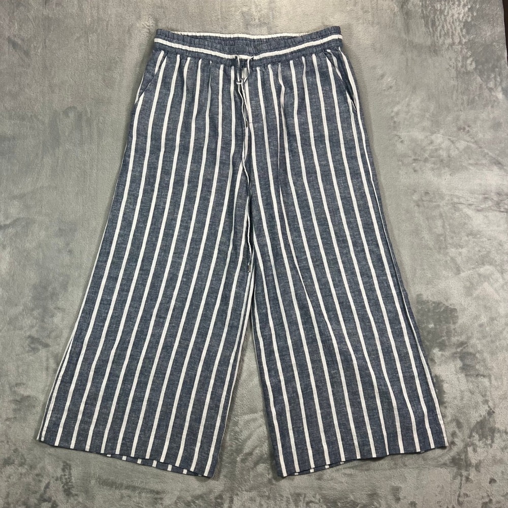 Chaps Striped Wide Leg Pants Womens Large Blue White Linen Viscose Nautical Navy